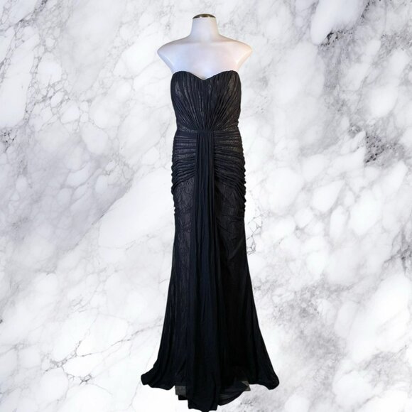 Aidan Mattox Ruched Sweetheart Mesh and Lace Gown in Black - Picture 1 of 12